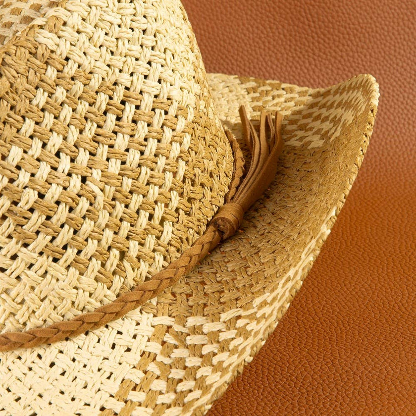 Two Tone Straw Braided Patches Color Block Cowboy Hat