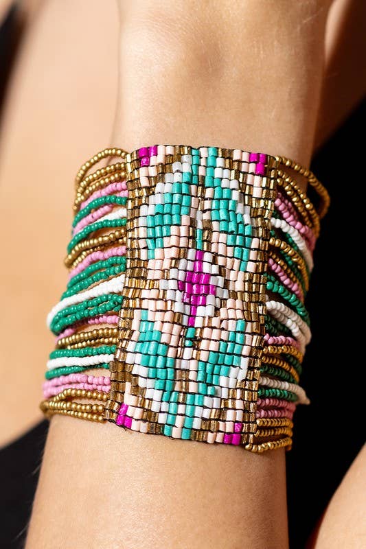 Colorful Southwestern Seed Bead Stretch Bracelet: FUCHSIA