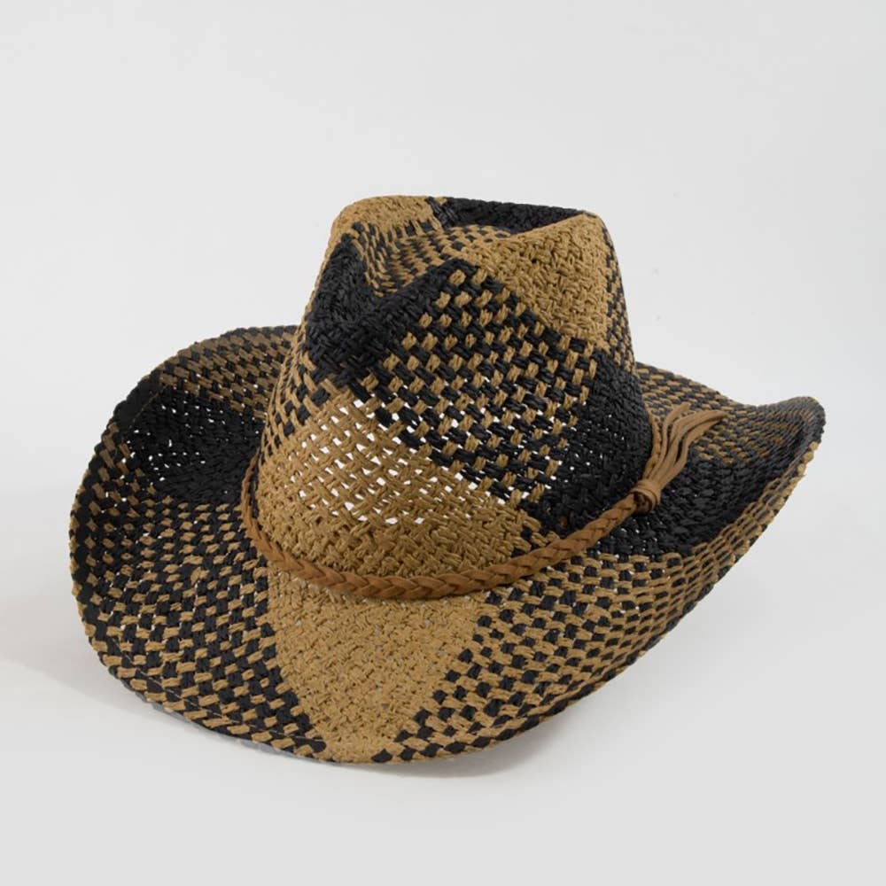 Two Tone Straw Braided Patches Color Block Cowboy Hat