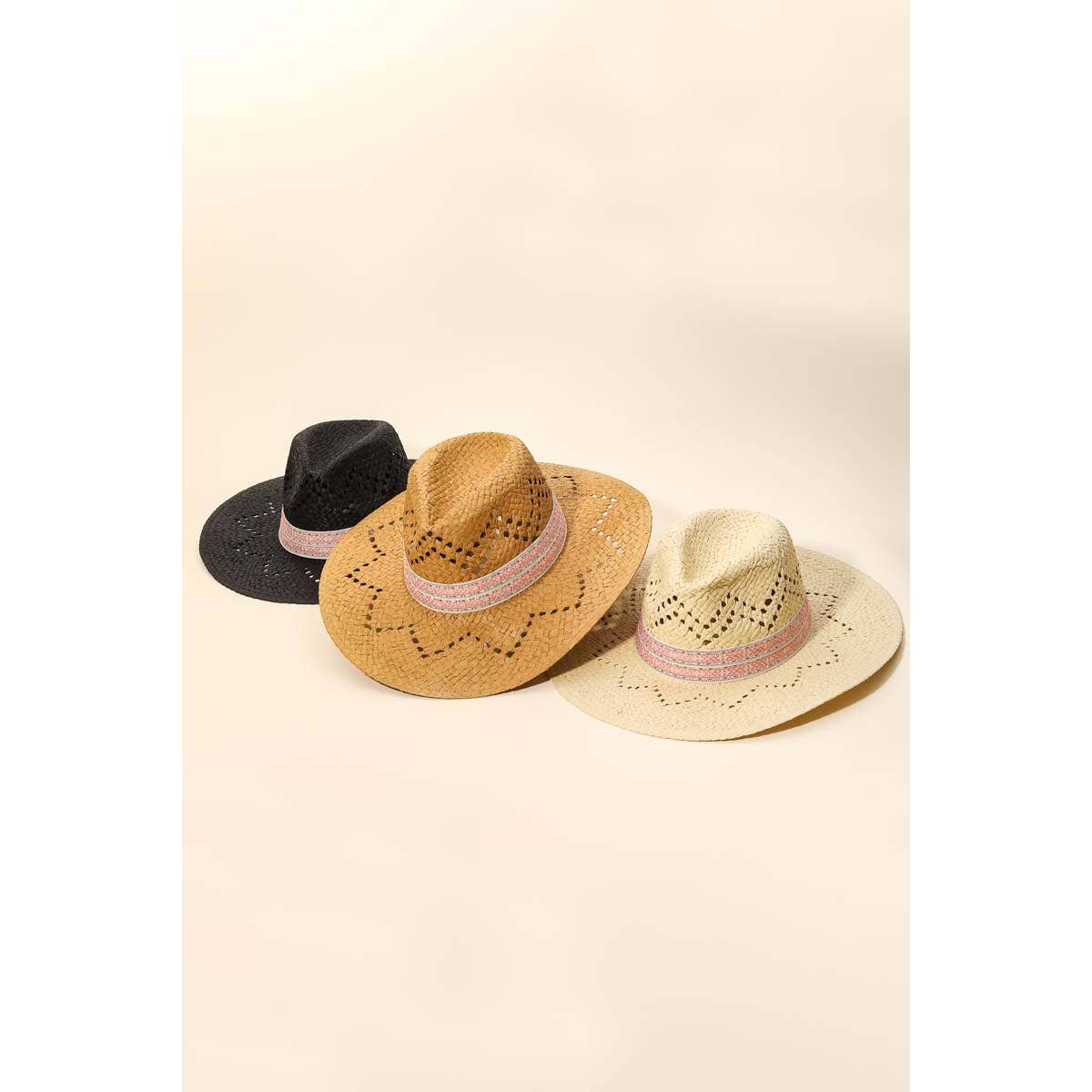 Patterned Brim Straw Sun Hat: Black