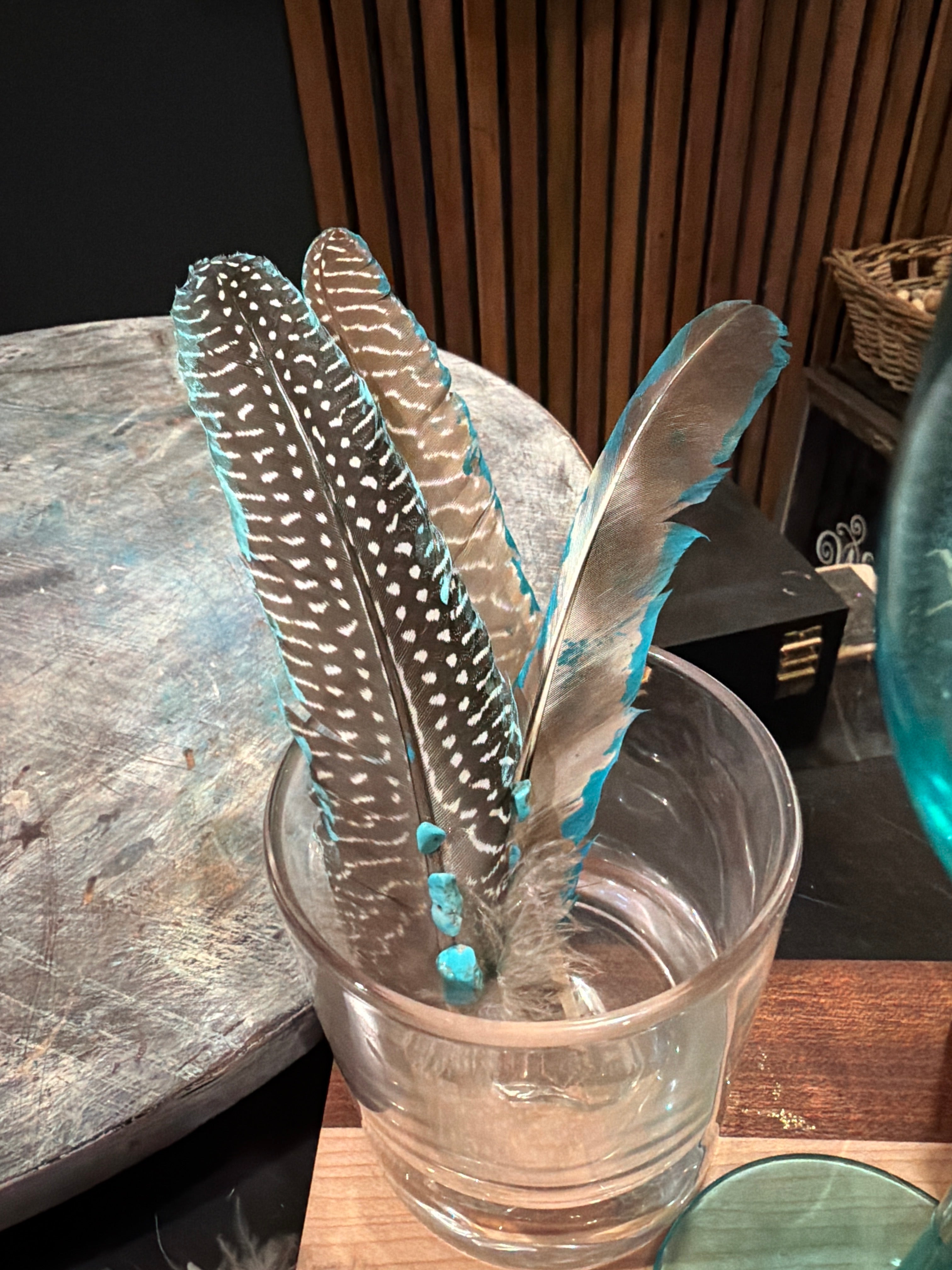 Natural Guinea Fowl Wing Feather with Turquoise Handmade Accents