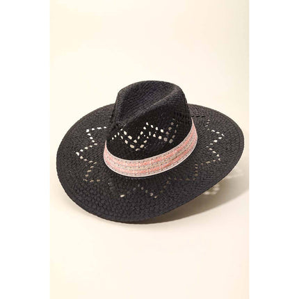 Patterned Brim Straw Sun Hat: Black