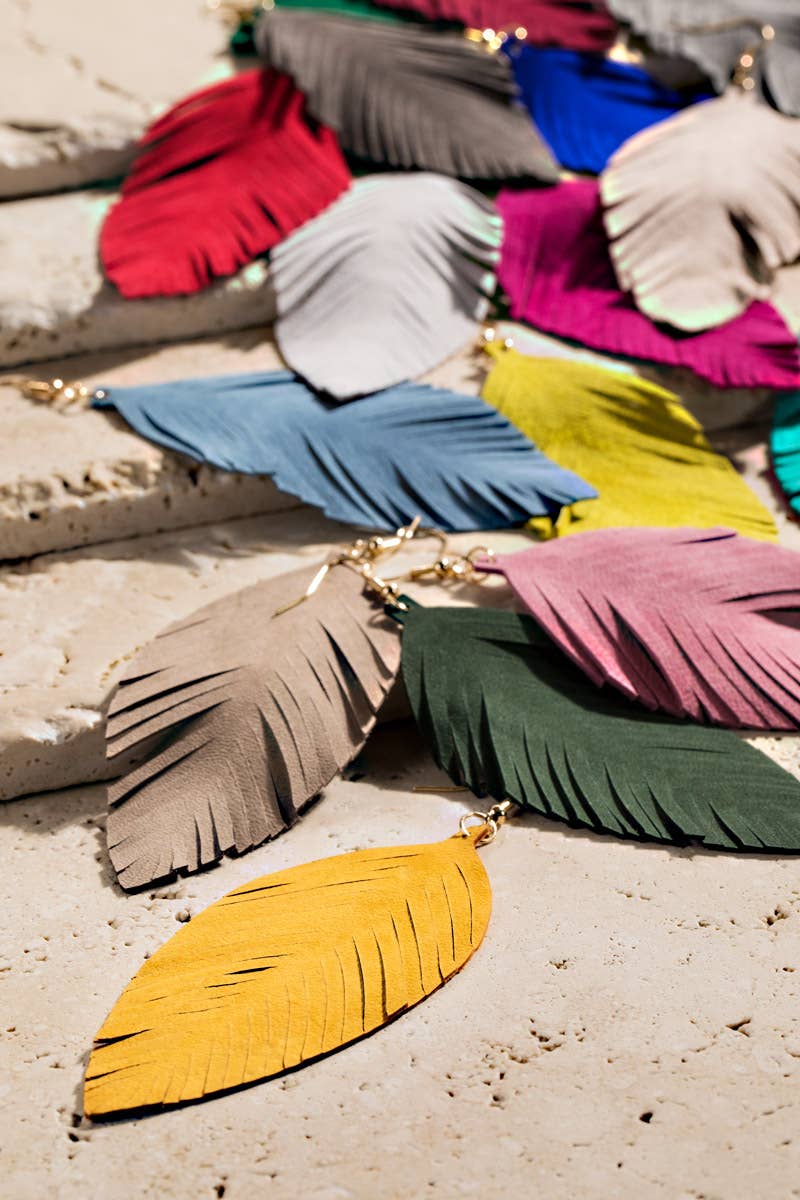 Genuine Leather Leaf/Feather Earrings: / OS - 5 Color Options