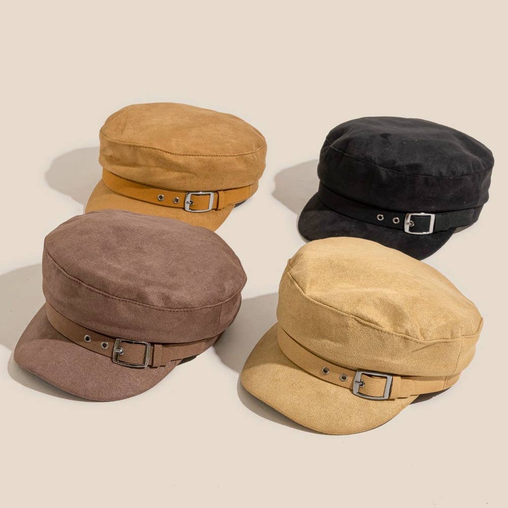 Faux Suede Belt Accent Beret Hat: Mustard