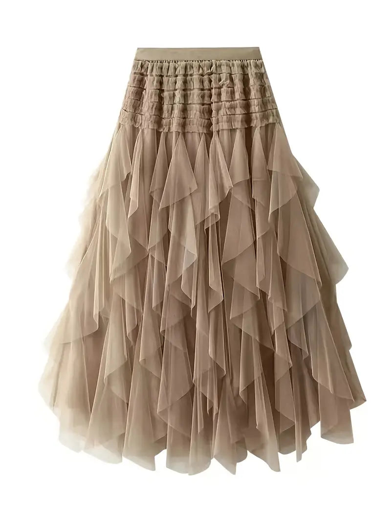 A-line Mesh Tiered Skirt - Pink and Tan