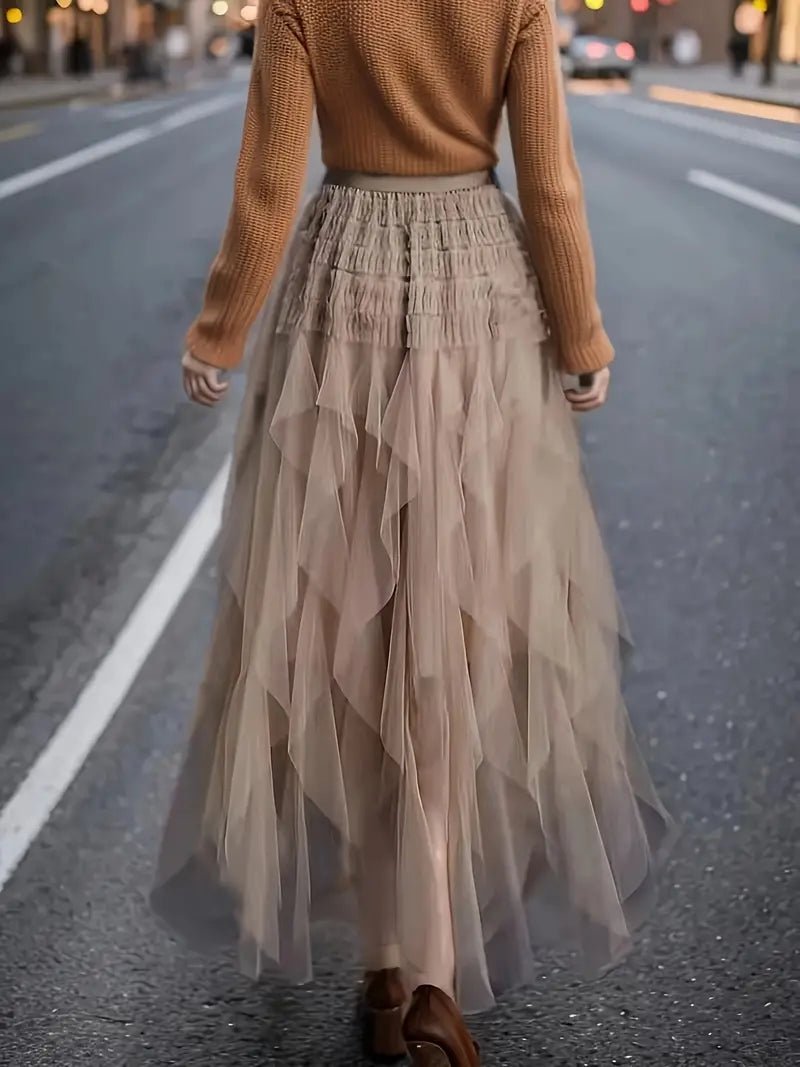 A-line Mesh Tiered Skirt - Pink and Tan