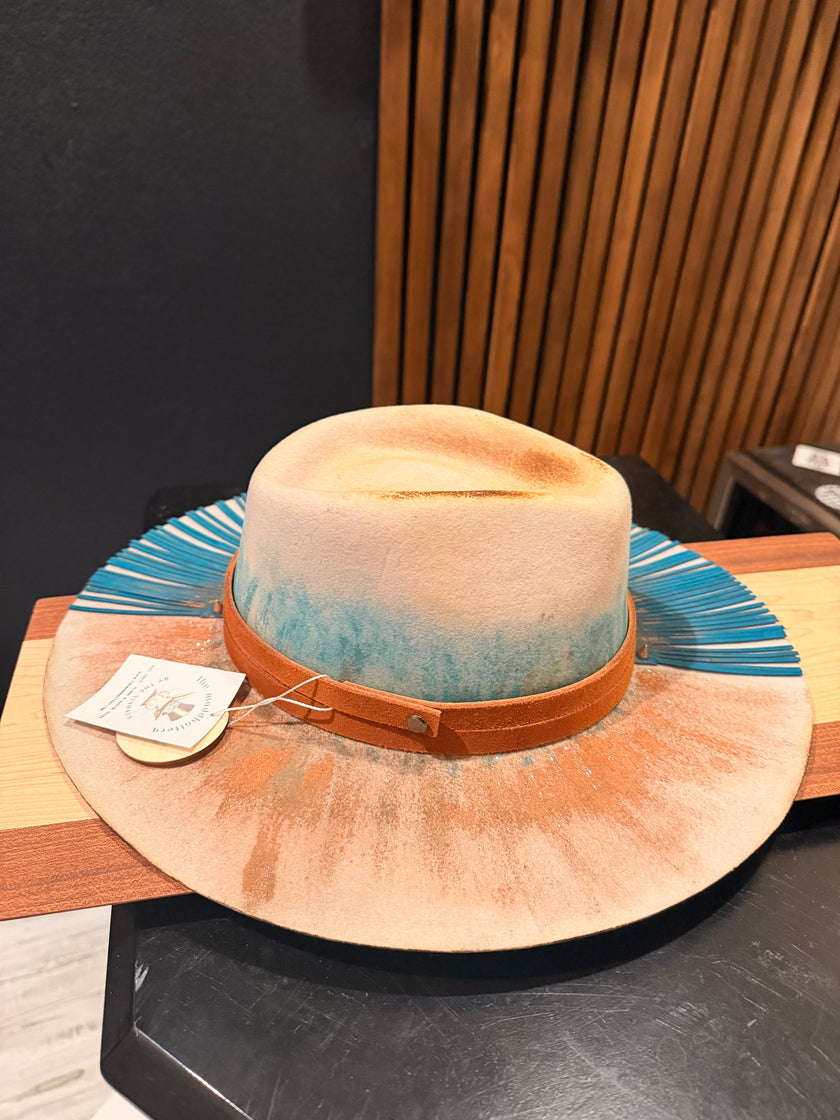 Ivory Australian Wool Felt with Turquoise Fringe and Rust accents - Medium