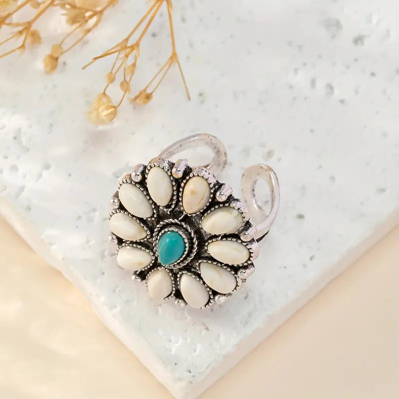 Earrings + Necklace + Ring Boho Style Cream with Turquoise set