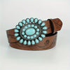 Boho Oval Stone Buckle Western Embossed Belt - White and Brown