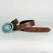 Boho Oval Stone Buckle Western Embossed Belt - White and Brown