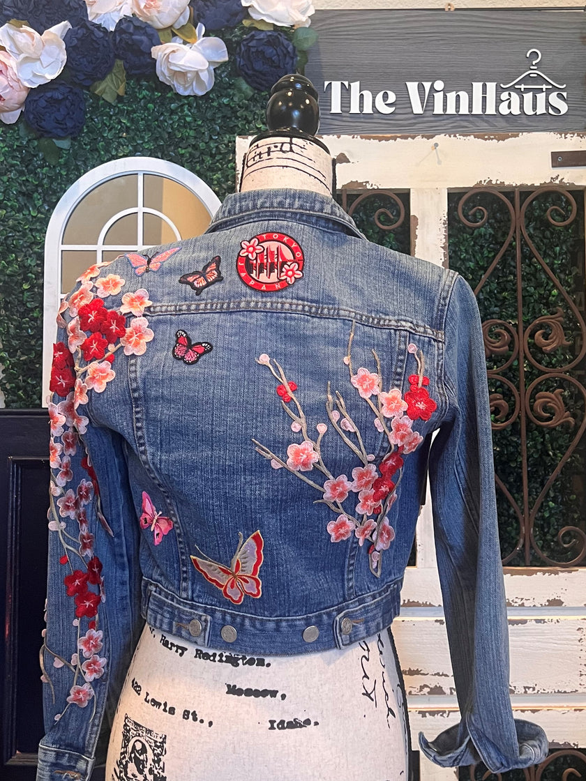SOLD- Pink Cherry Blossom Denim Jacket. Recreate with $150 deposit