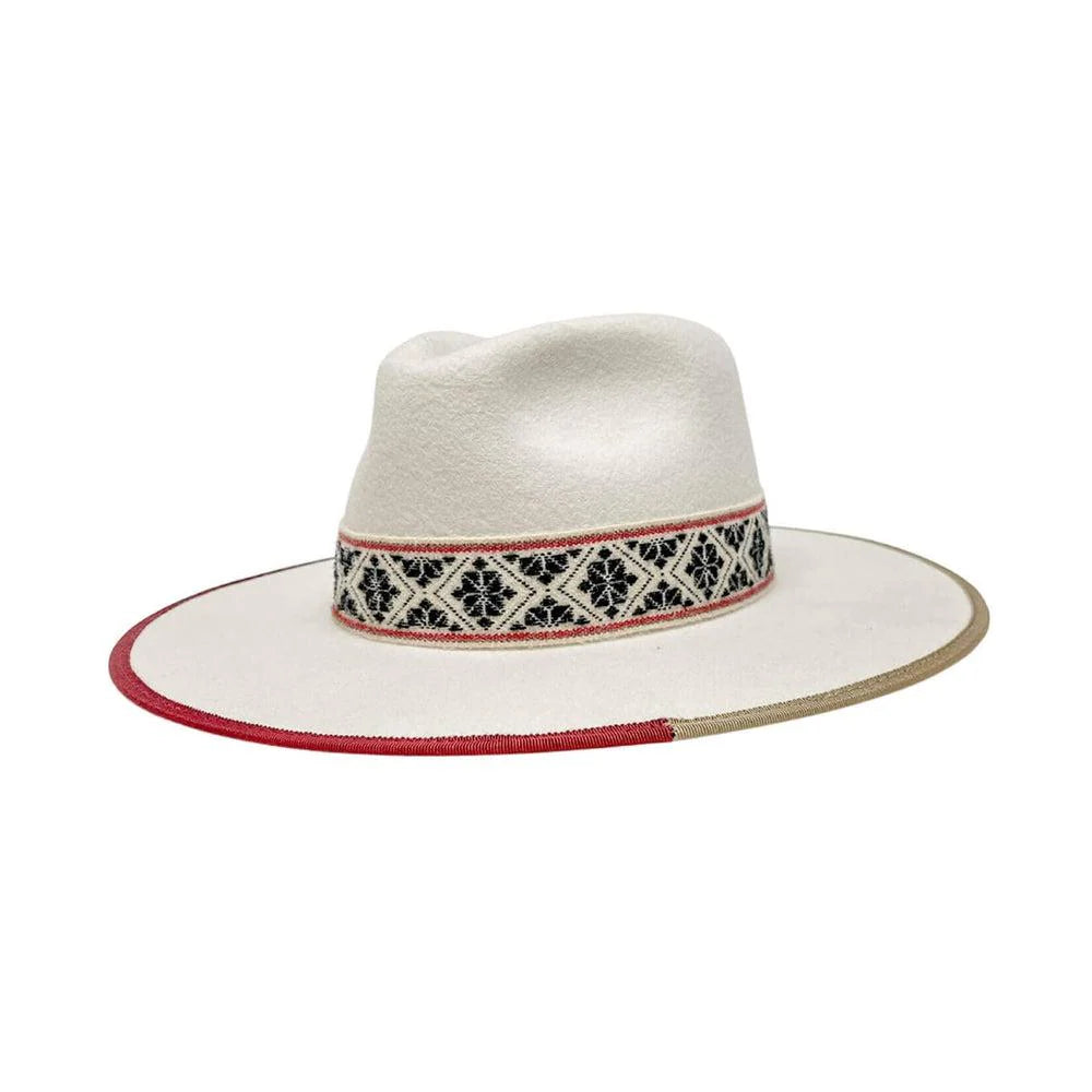 Fazenda Flat Wide Brim Fedora Felt - White with Red