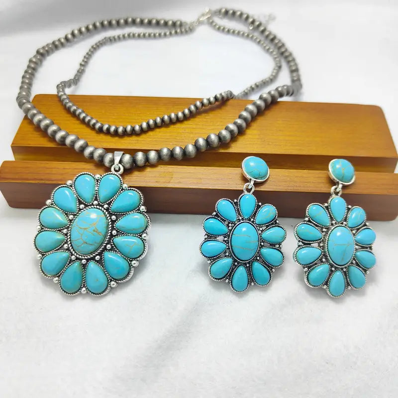 Flower Shape Stone Boho Double Layer Necklace & Earrings Jewelry Set