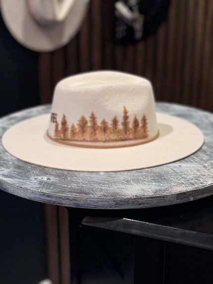 Hand Painted Trees Ivory Felt Hat - XL