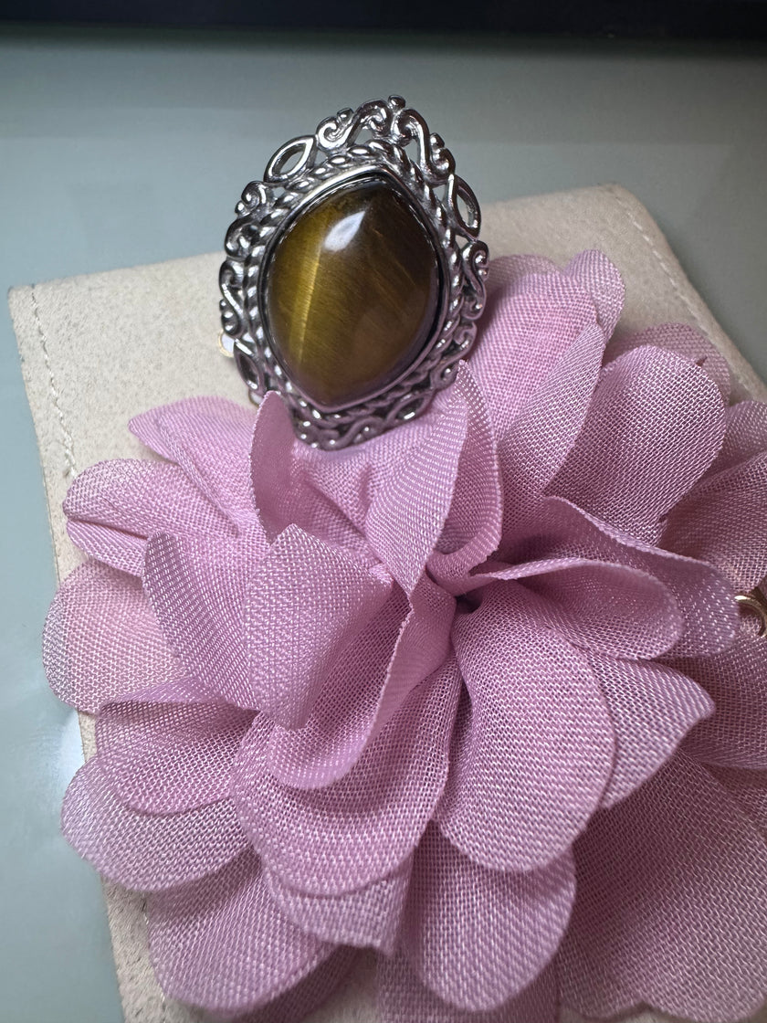 Vintage Tigers Eye Solitaire Ring In Rhodium Size 6