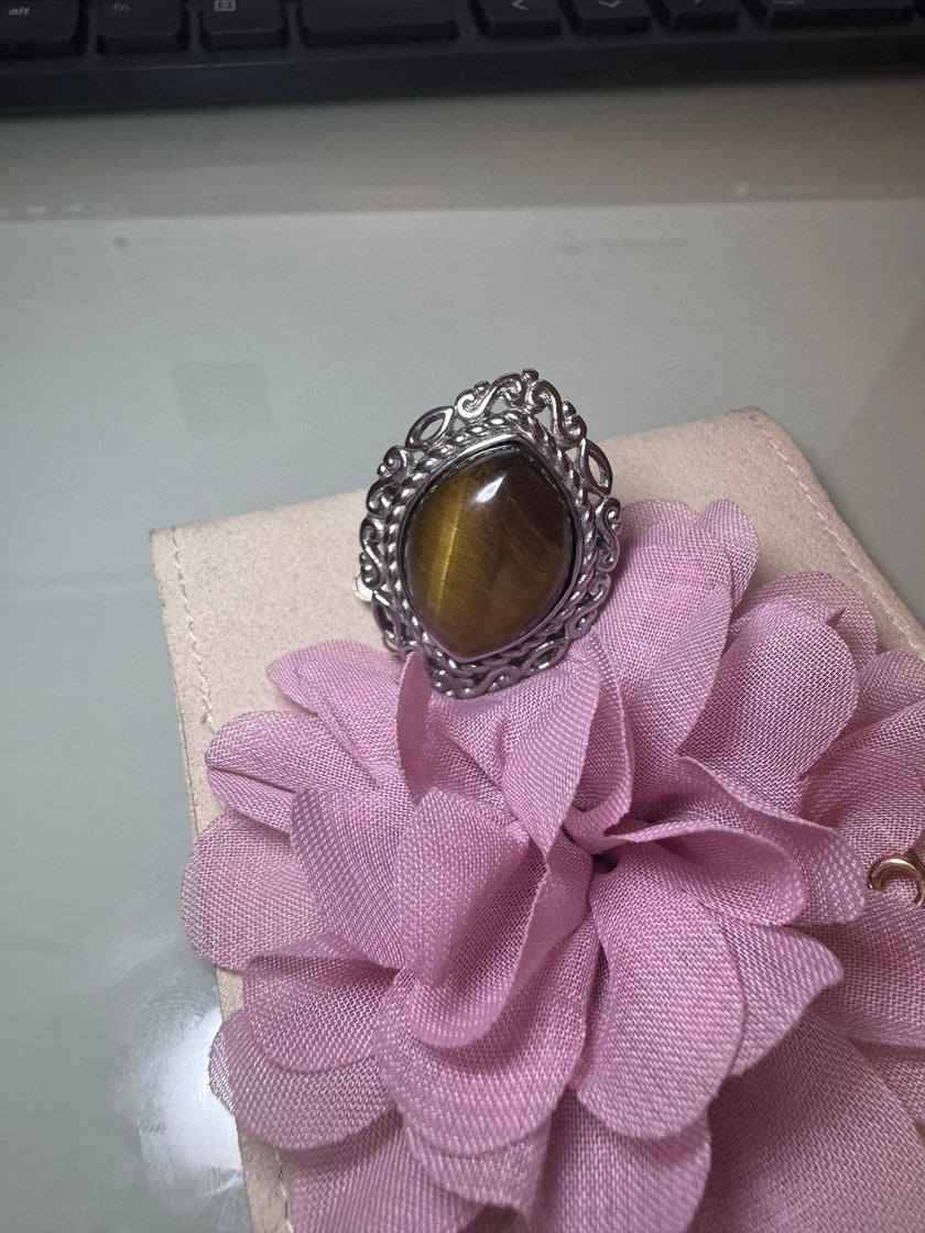 Vintage Tigers Eye Solitaire Ring In Rhodium Size 6