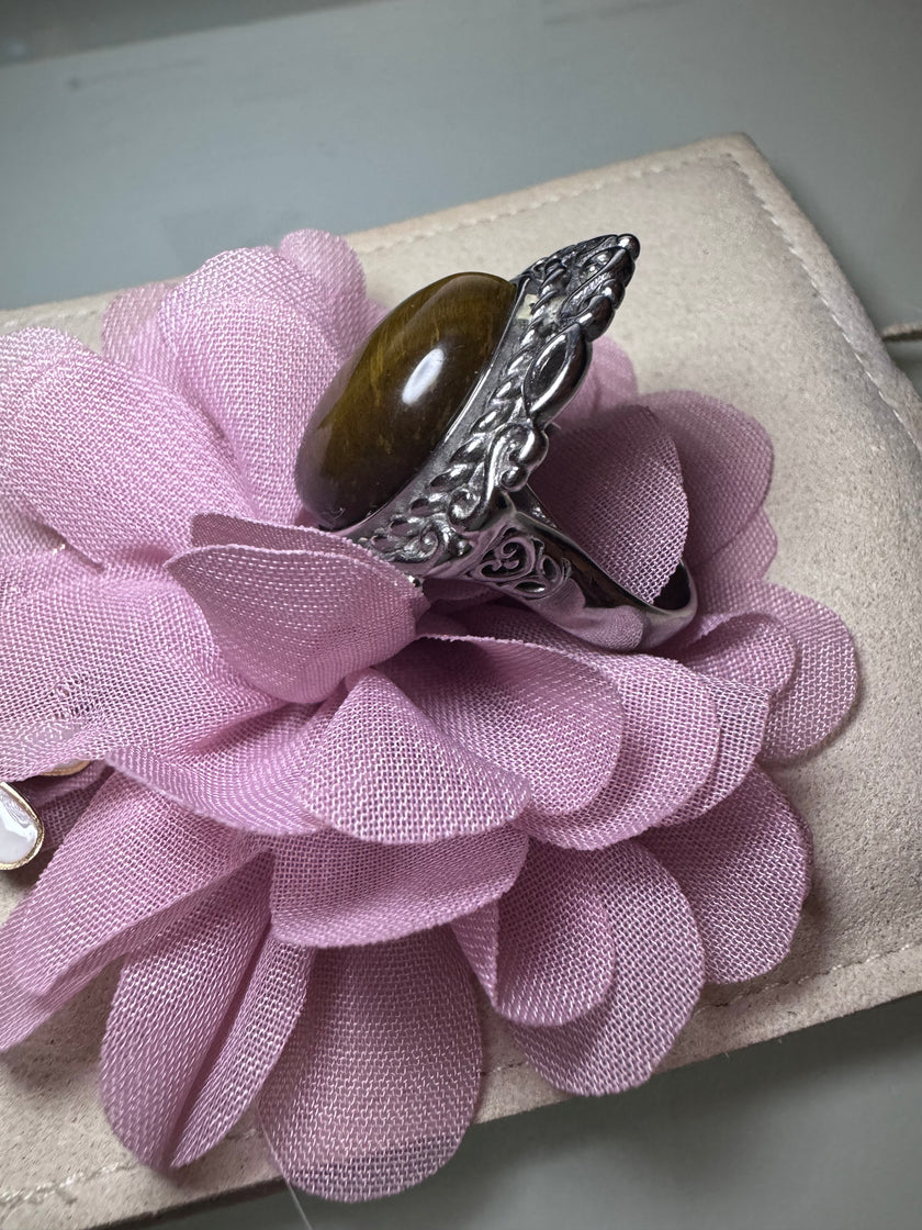 Vintage Tigers Eye Solitaire Ring In Rhodium Size 6