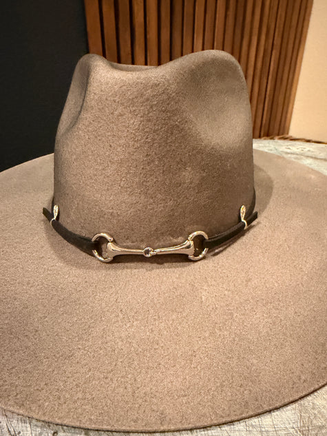 Suede & Silver Horse bit hat band with adjustable silver pull accents