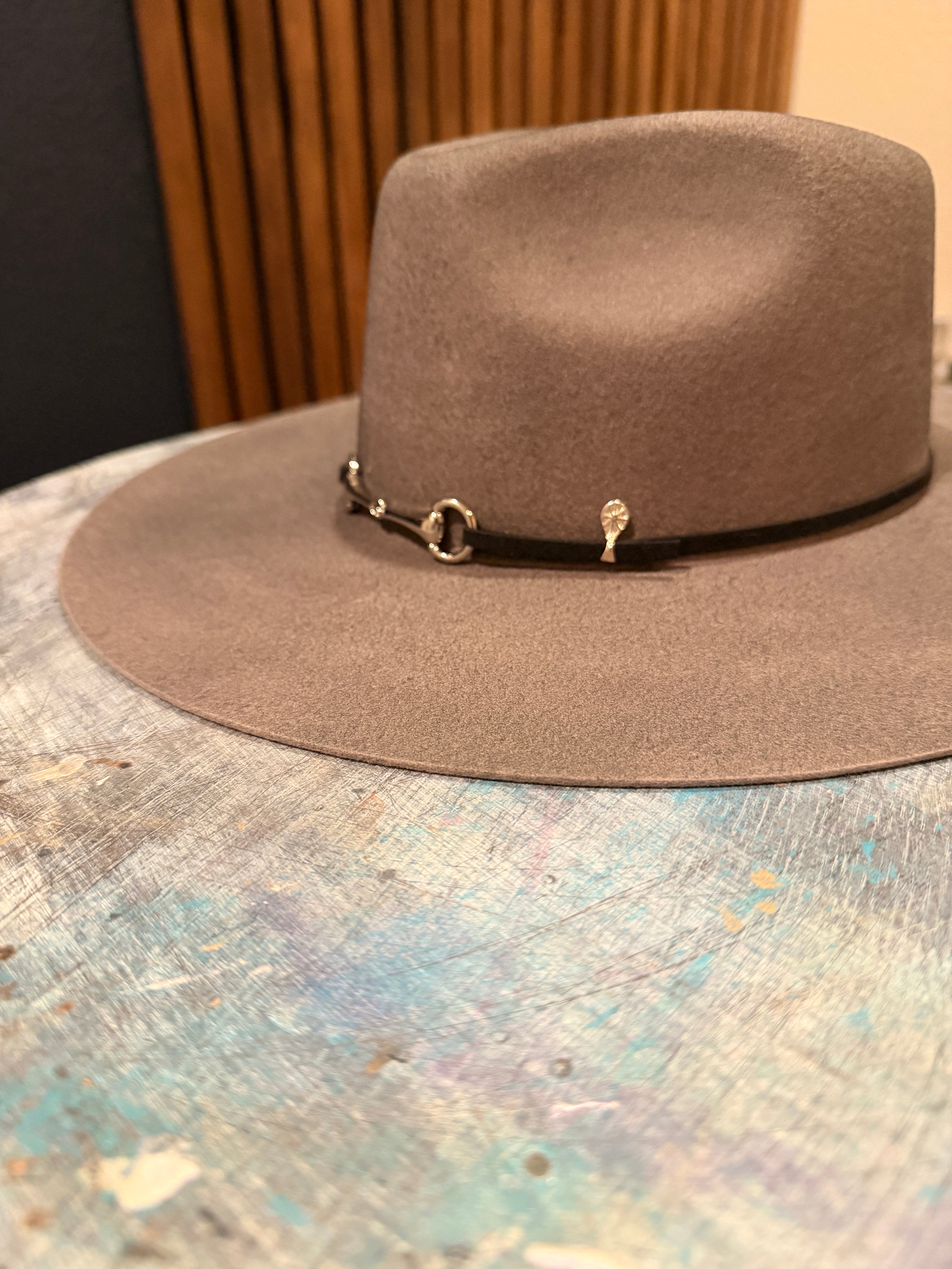 Suede & Silver Horse bit hat band with adjustable silver pull accents