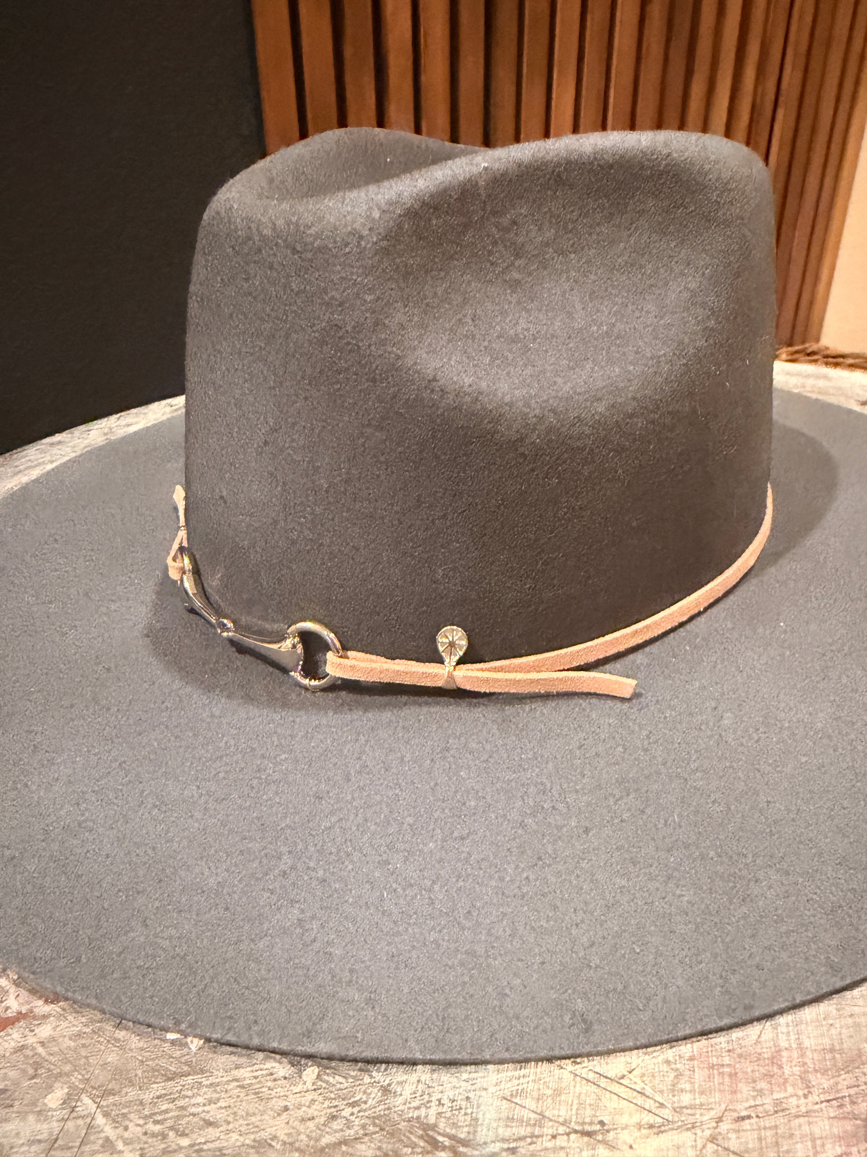 Suede & Silver Horse bit hat band with adjustable silver pull accents