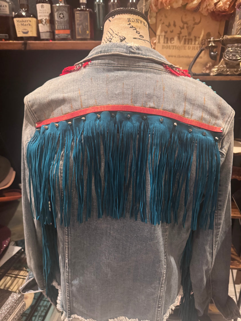 Turquoise Fringe Recycled KanCan Denim Jacket- Large one-of-a-kind