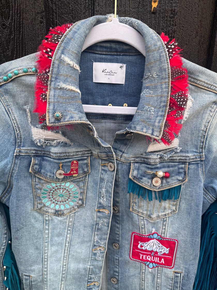 Turquoise Fringe Recycled KanCan Denim Jacket- Large one-of-a-kind