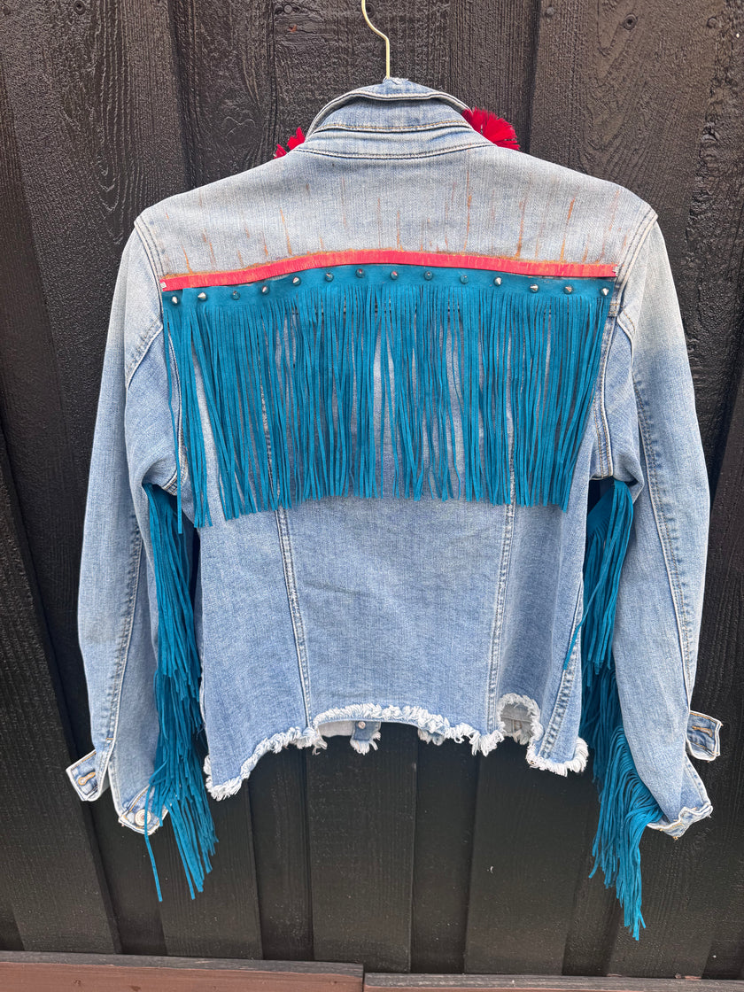 Turquoise Fringe Recycled KanCan Denim Jacket- Large one-of-a-kind