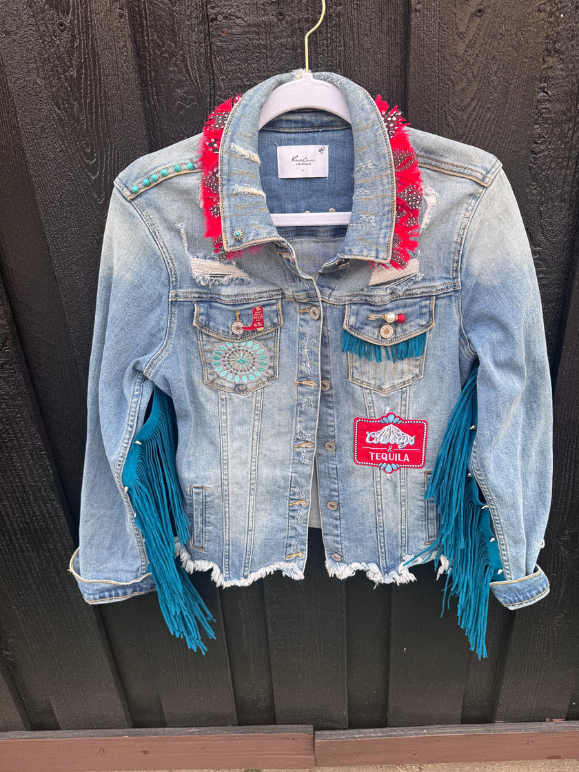 Turquoise Fringe Recycled KanCan Denim Jacket- Large one-of-a-kind