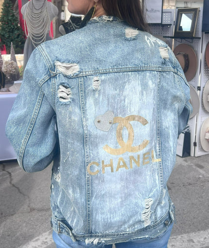 SOLD - Chanel 1975 Gold Fake AF Distressed Denim Jacket. Recreate with $100 deposit