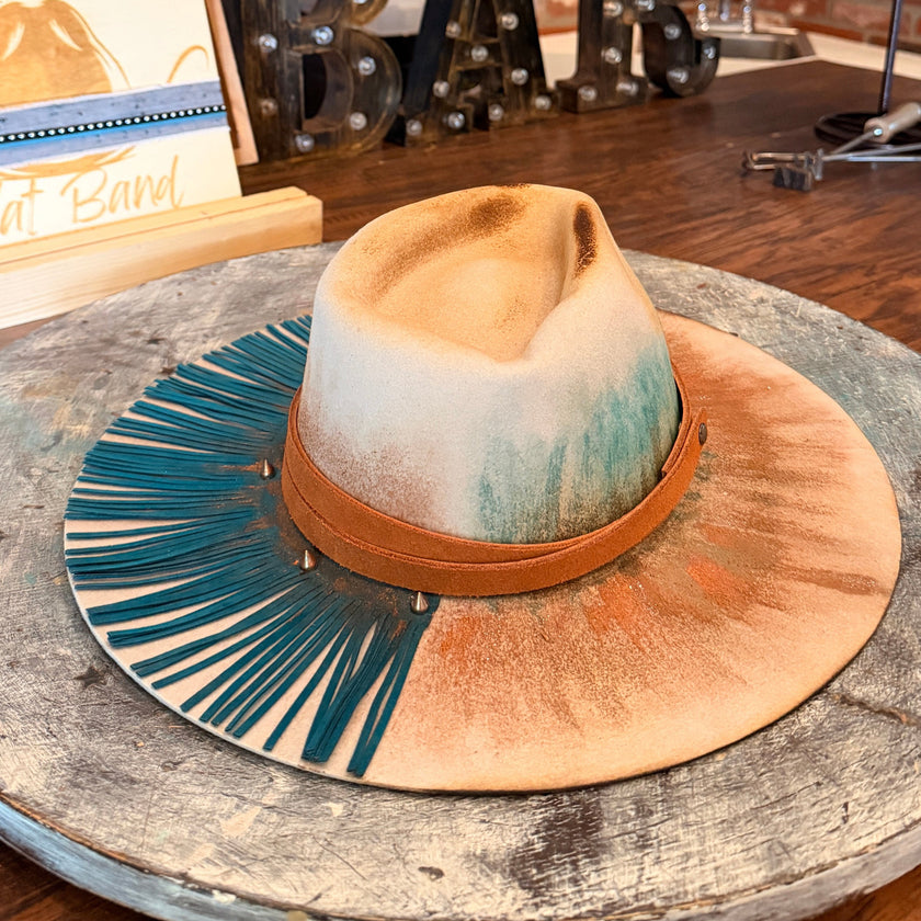 Ivory Australian Wool Felt with Turquoise Fringe and Rust accents - Medium