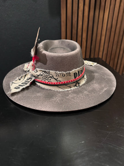 Grey Felt Distressed Red Poker Hat Design - VH and the maddhattery