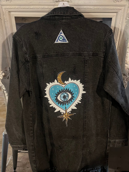 All Seeing Eye Hamsa Black Denim Jacket