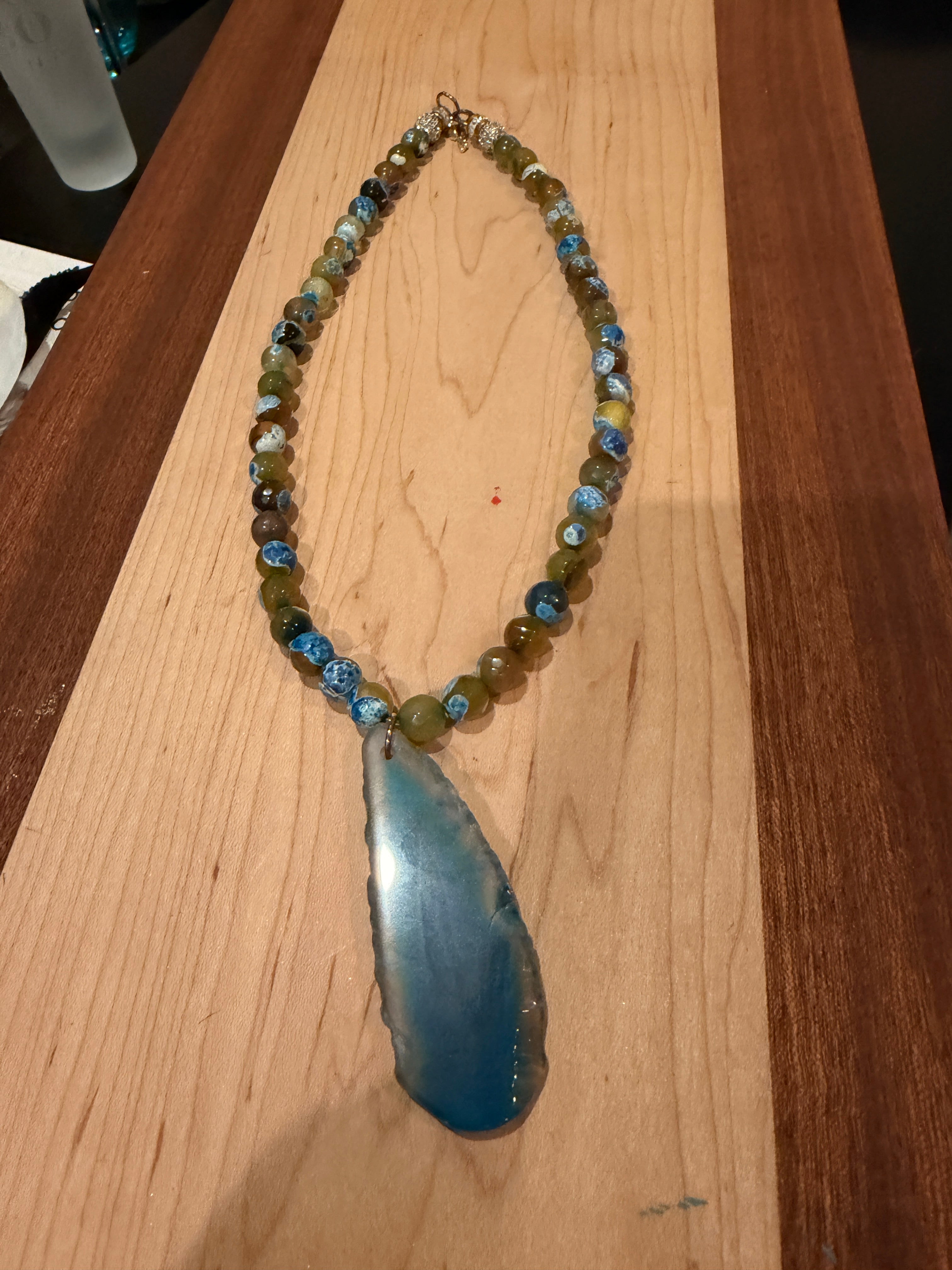 Natural Blue Yellow Agate Hand Beaded Necklace with Blue Stone Pendent