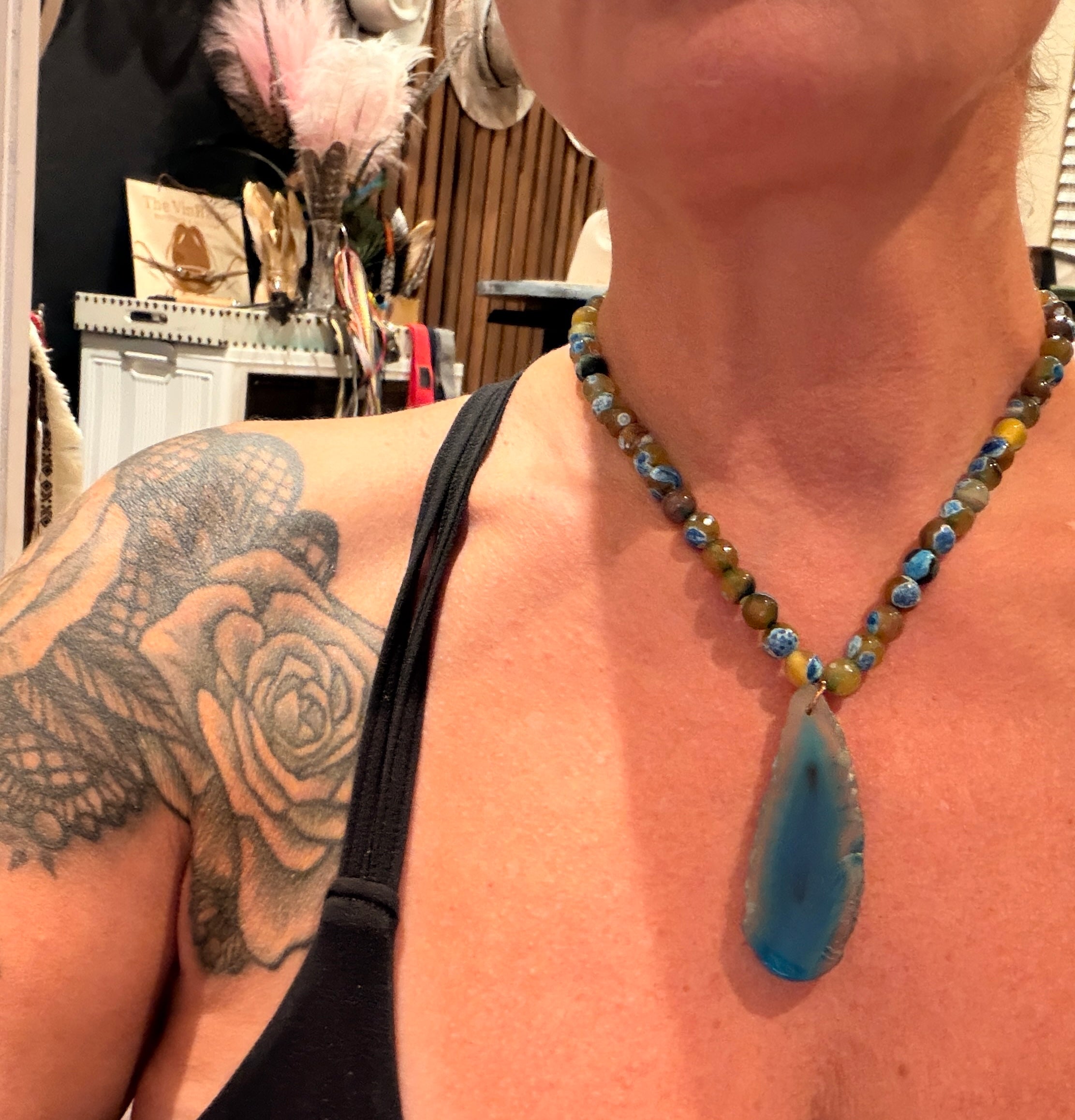Natural Blue Yellow Agate Hand Beaded Necklace with Blue Stone Pendent