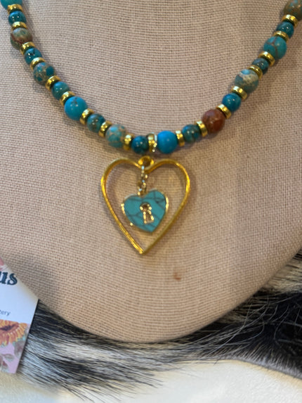 Blue Sea Sediment Jasper Beaded Necklace with Gold Heart Lock Pendent