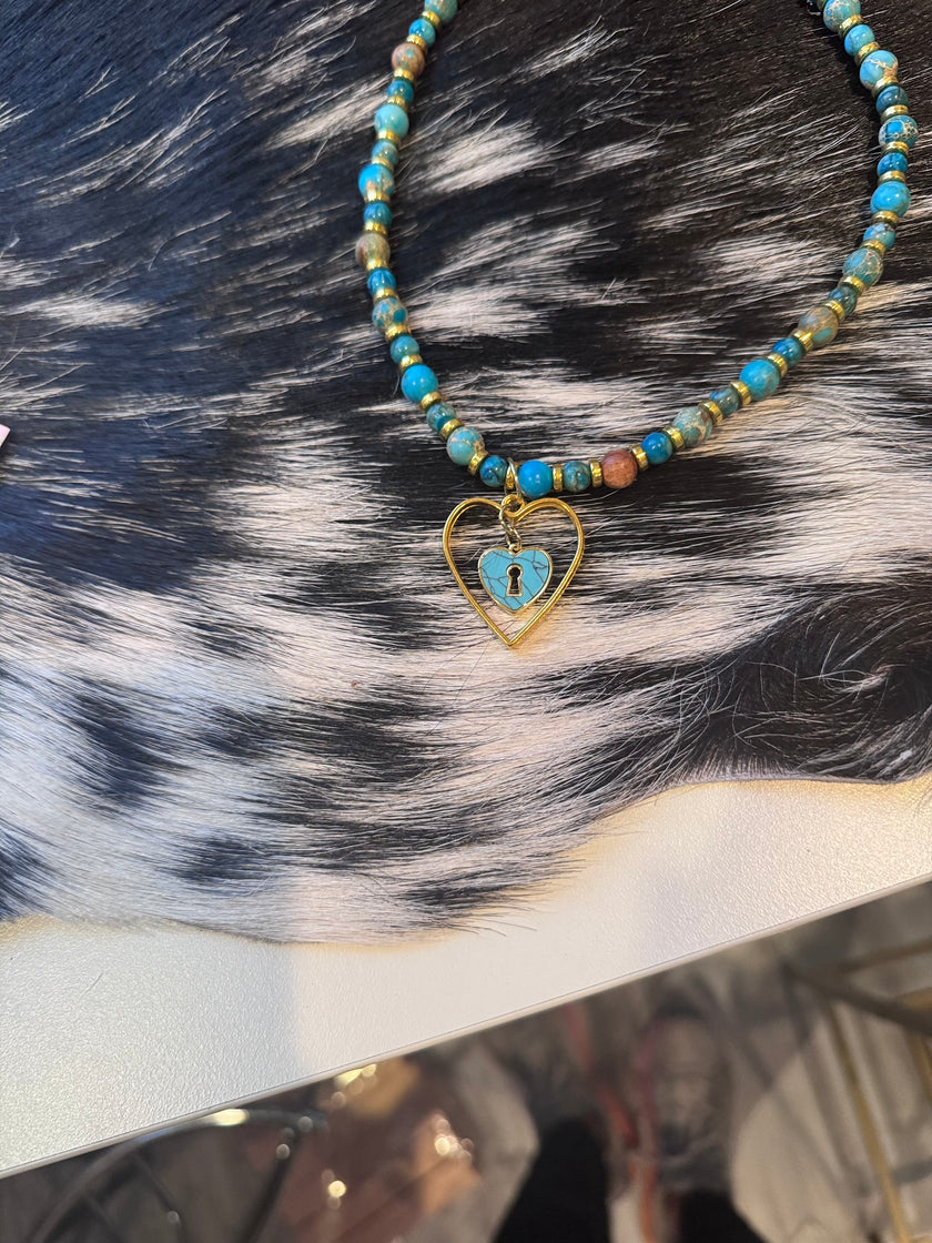 Blue Sea Sediment Jasper Beaded Necklace with Gold Heart Lock Pendent