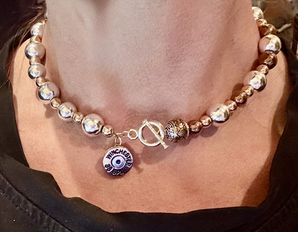 Silver Hematite Beaded Choker Necklace with Winchester Bullet Pendent