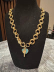 18K Gold Plated Double Circle Chain Necklace with Turq Heart Lock Pendent