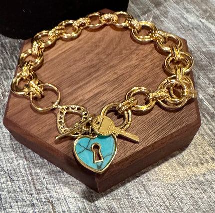 Sold - 18K Real Gold Plated Double Circle Chain Bracelet with Turq Heart Lock Pendent