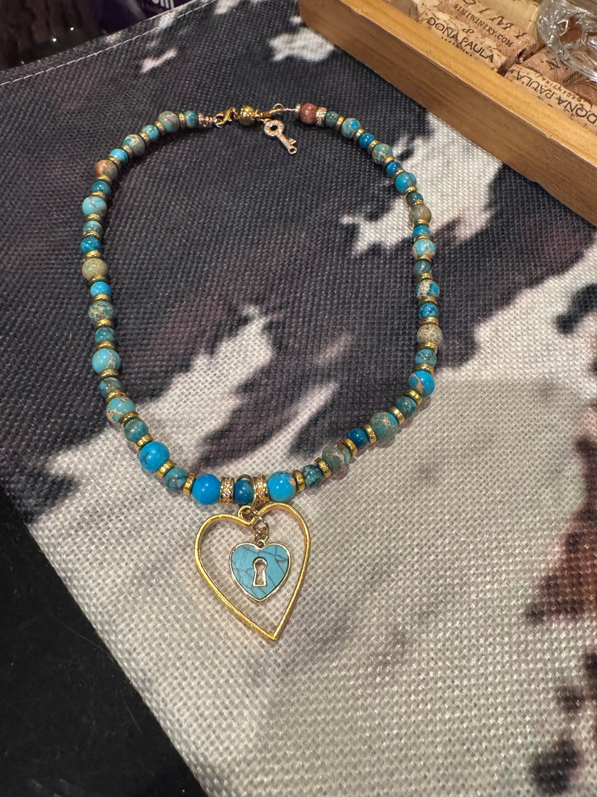Blue Sea Sediment Jasper Beaded Necklace with Gold Heart Lock Pendent