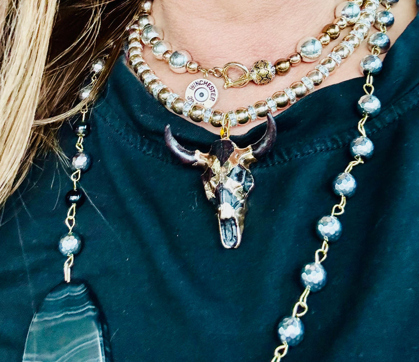 Silver Hematite Necklace with Black and Gold Wrapped Bull Pendent