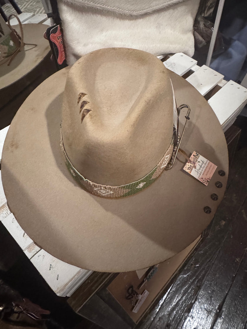 Taupe Felt with Green Beaded Band and Grommets  - Small