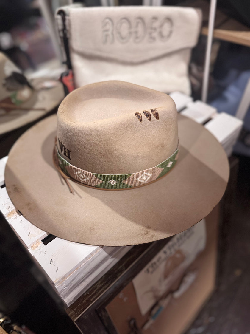 Taupe Felt with Green Beaded Band and Grommets  - Small