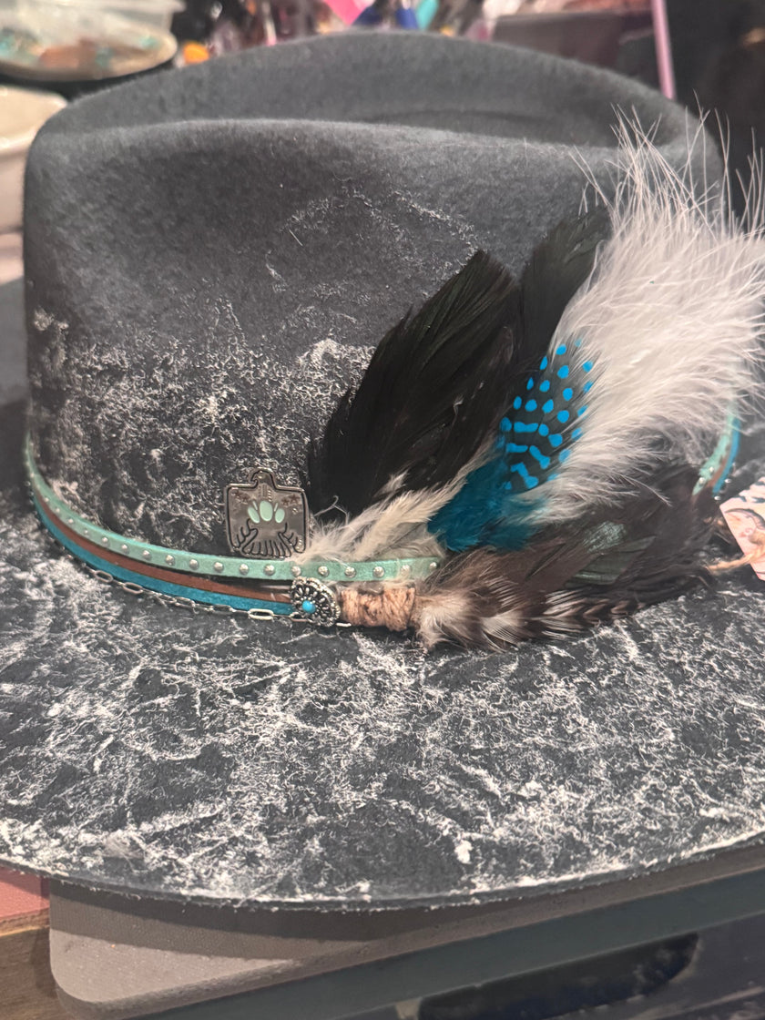 The Indie - Dusty Blue Felt Hat with Painted Flower Print - Large