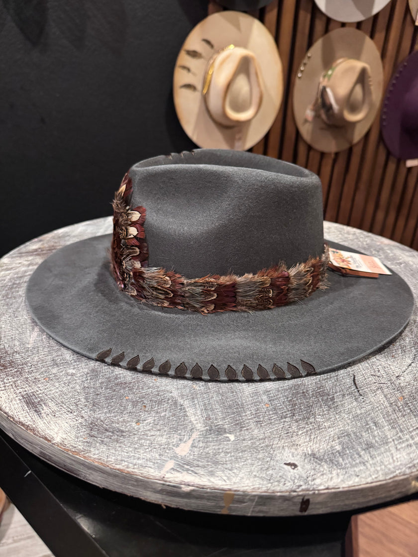 The Indie - Dusty Blue Felt Hat with Painted Flower Print - Large