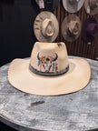 Ivory Western Shaped Felt Hat Longhorn Skull with Blue Trim