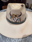 Ivory Western Shaped Felt Hat Longhorn Skull with Blue Trim