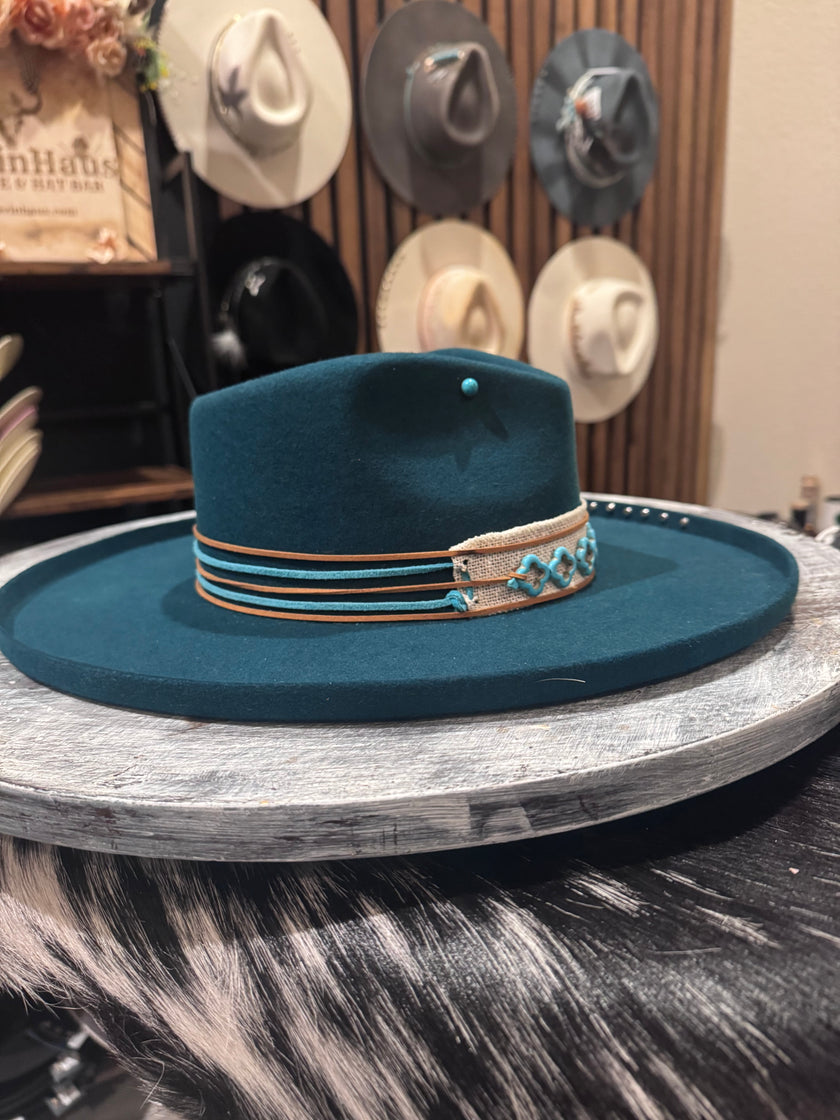 The Lainey - Turquoise Felt Wide Brim Design - one-of-a-kind