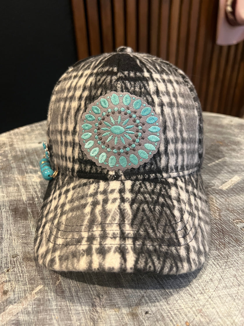 Black and Grey Plaid Flannel Cap - One size