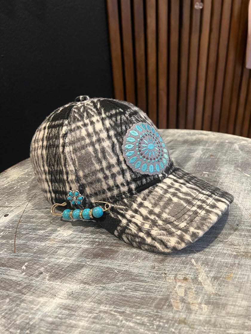 Black and Grey Plaid Flannel Cap - One size